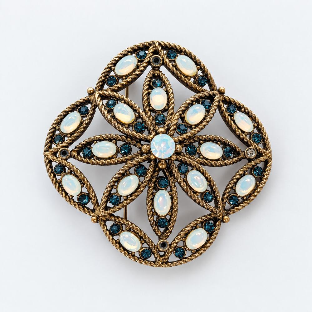 Hollycraft Flower Brooch Opalescent Blue Rhinestones Floral Signed Vintage 1960s